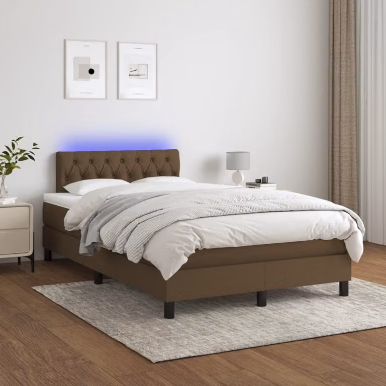 The Living Store Letto a molle con materasso e LED in tessuto marrone scuro 120x200 cm