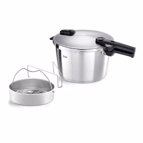 Fissler Vitaquick Grande Pentola a Pressione Grande da 8 L, con Diametro da 26 cm, Inserto, Pentola a Vapore in Acciaio Inox, 2 Livelli di Cottura, Prodotto in Germania per Piani Cottura a Induzione