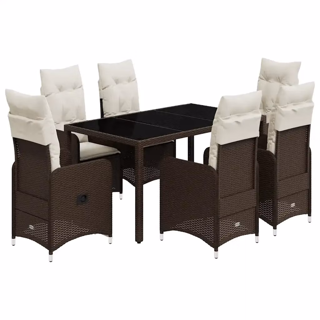 Set Bistrò da Giardino e Balcone vidaXL in Polyrattan Marrone con Cuscini Bianchi e Tavolo in Vetro 7 pz – 2