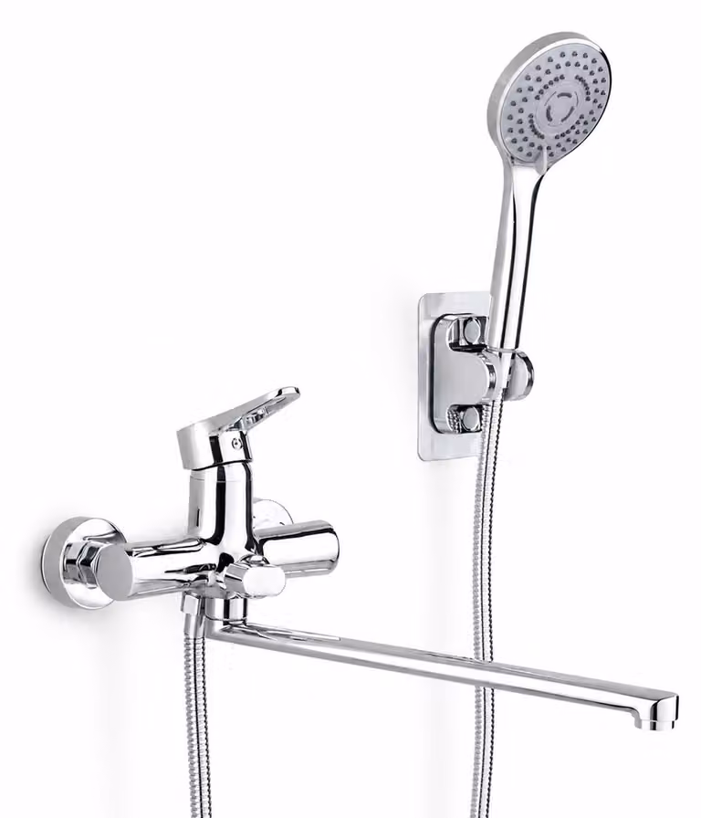 Miscelatore da bagno con doccetta manuale, bocchetta di uscita da 30 cm, montaggio a parete, finitura cromata