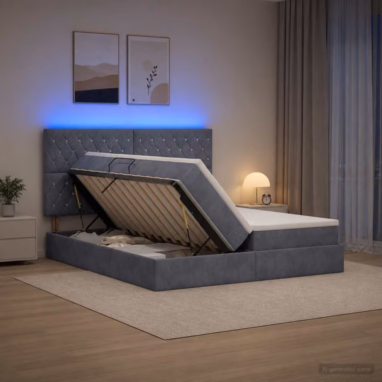 Letto con contenitore e materasso ibrido vidaXL, Grigio, L/P/H: 200 x 200 x 76 cm con illuminazione LED e porta USB