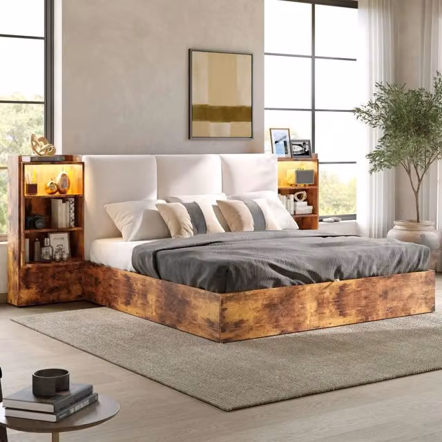Letto matrimoniale 180 x 200 cm, testiera imbottita, ripiano portaoggetti, vano portaoggetti idraulico, luci a LED, colore marrone