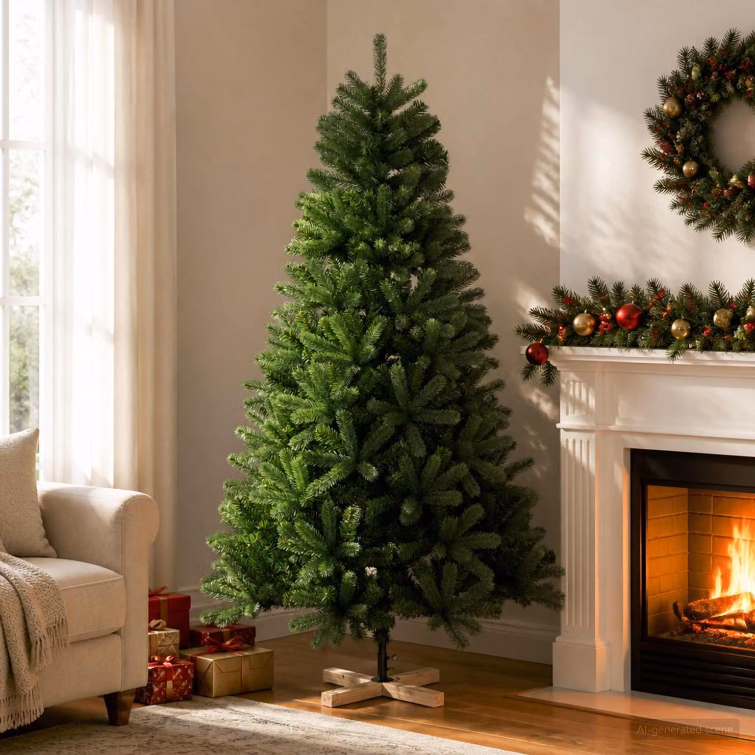 Albero di Natale artificiale, altezza 240 cm, realizzato in PVC e legno massello di pino