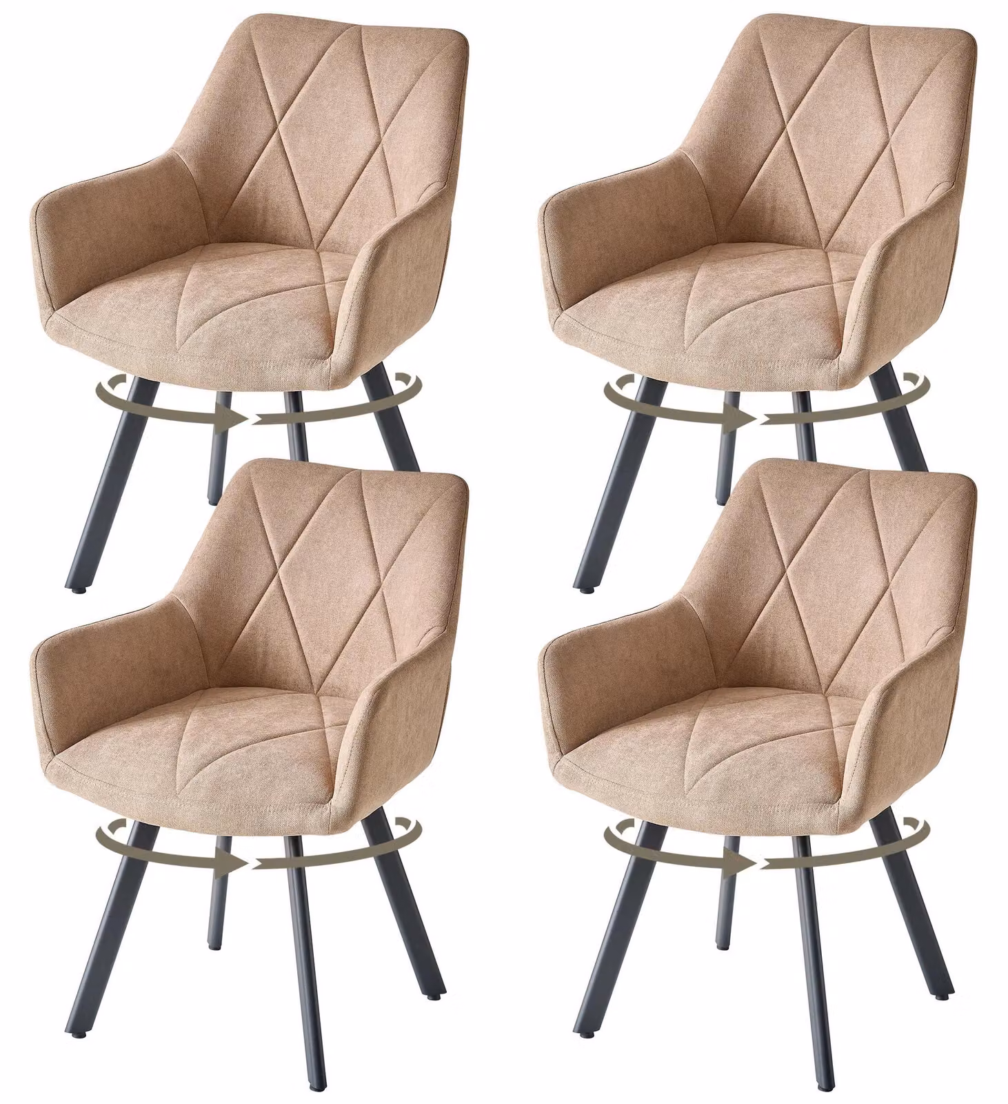 Set di 4 sedie da pranzo - Moderne sedie girevoli rivestite in tessuto - Rotazione a 360° - Seduta imbottita - Gambe in metallo - Ideali per sala da pranzo e cucina - Colore kaki