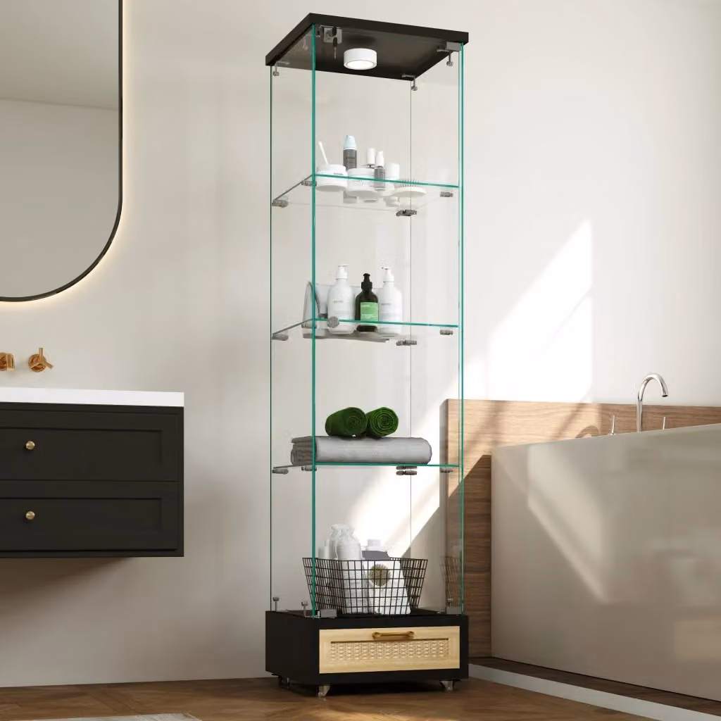 Vetrina Mivray moderna in MDF nero con ante in vetro, illuminazione integrata e serratura, L/P/H: 42.5 x 36.5 x 167 cm – 2