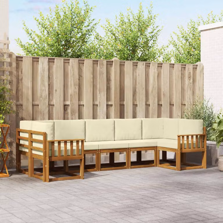 vidaXL Set di divani da esterno a L in legno di acacia con cuscini, 7 pezzi, Marrone e Beige