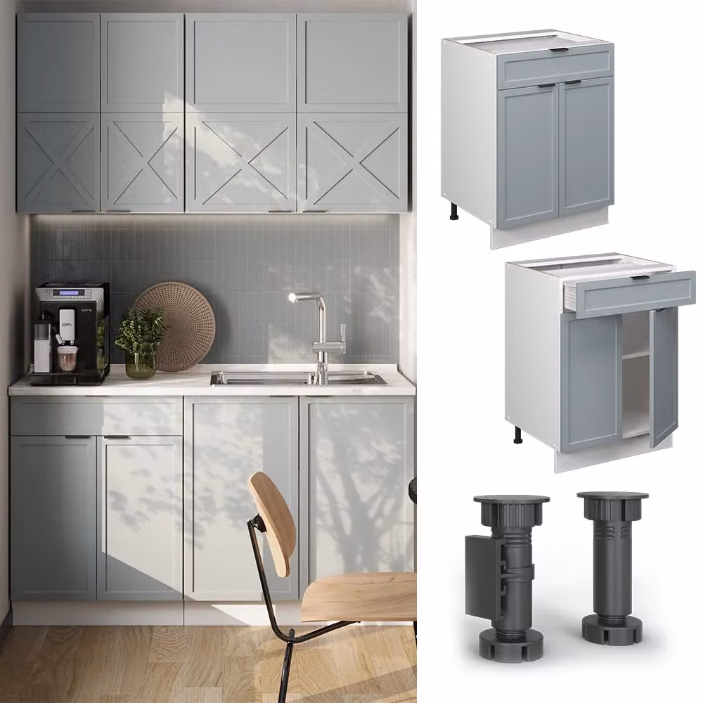 Mobiletto base per cucina Vicco Fame-Line Blu-grigio chiaro/Bianco con cassetto, senza piano di lavoro, L: 60 cm, H: 82 cm, P: 51,6 cm – 2