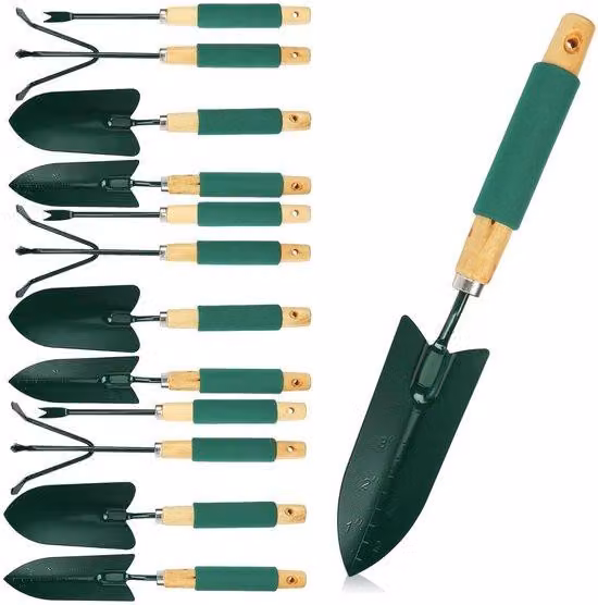 Set di 12 utensili da giardino Unyqoos® per un giardinaggio efficiente e confortevole: 3 palette da giardino, 3 vanghette per fiori, 3 rastrelli, 3 sarchiatori; manici morbidi antiscivolo, realizzati in metallo e plastica