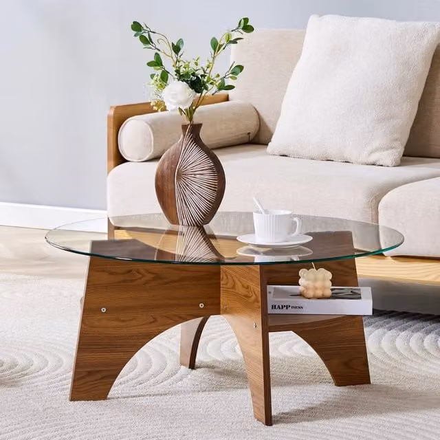Tavolino rotondo moderno Ø 80 cm in vetro di sicurezza, design multifunzionale con struttura a ventaglio e gambe in MDF effetto noce
