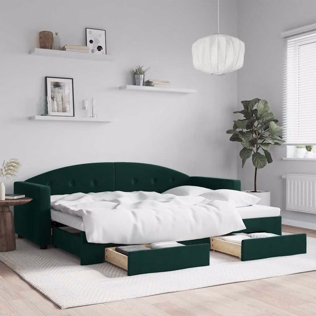 vidaXL Divano Letto Estraibile con Cassetti in Velluto Verde, Design Moderno per Soggiorno e Camera da Letto, L/P/H: 200 x 80 x 75 cm
