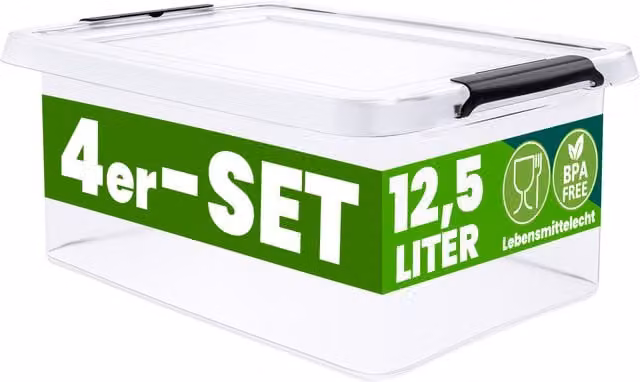 Set di 4 scatole portaoggetti Deuba® trasparenti in plastica con coperchio, ruote e maniglie, impilabili, L: 39 cm, P: 29 cm, H: 17 cm