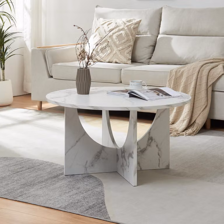 Tavolino 'Rindal' rotondo 80 x 42 cm effetto marmo, bianco