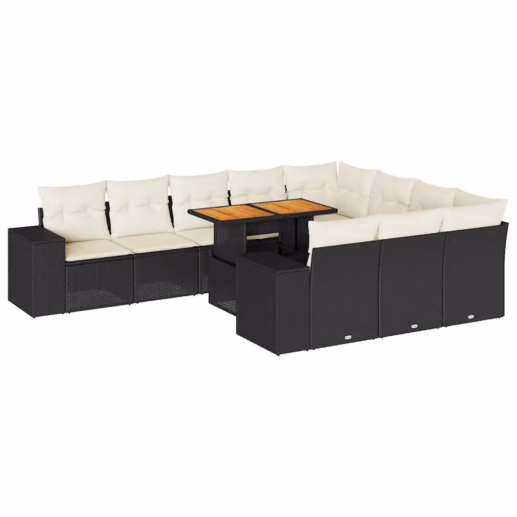 Set di Divani da Giardino a Forma di U vidaXL in Polyrattan e Legno di Acacia con Cuscini Bianchi e Nero – 2