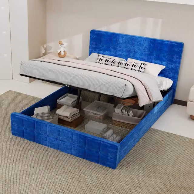 letto imbottito in velluto blu 140 x 200 cm