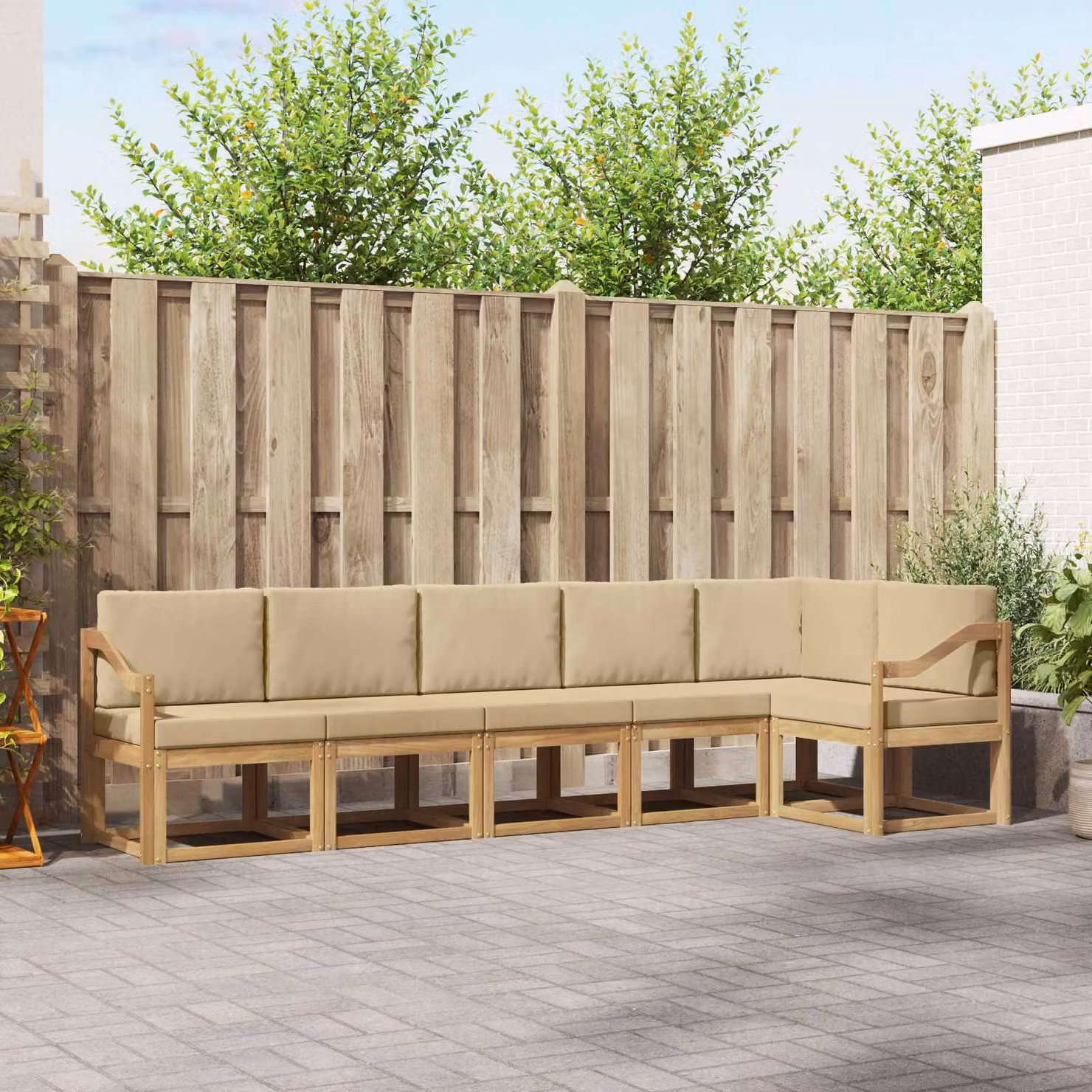 Set di divani da esterno vidaXL a forma di L con 6 pezzi, in legno di acacia e tessuto bianco e beige