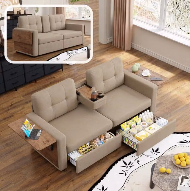 Divano 2 posti 178 cm in chenille khaki con 2 cassetti; tavolini regolabili e portabevande HOMVRA