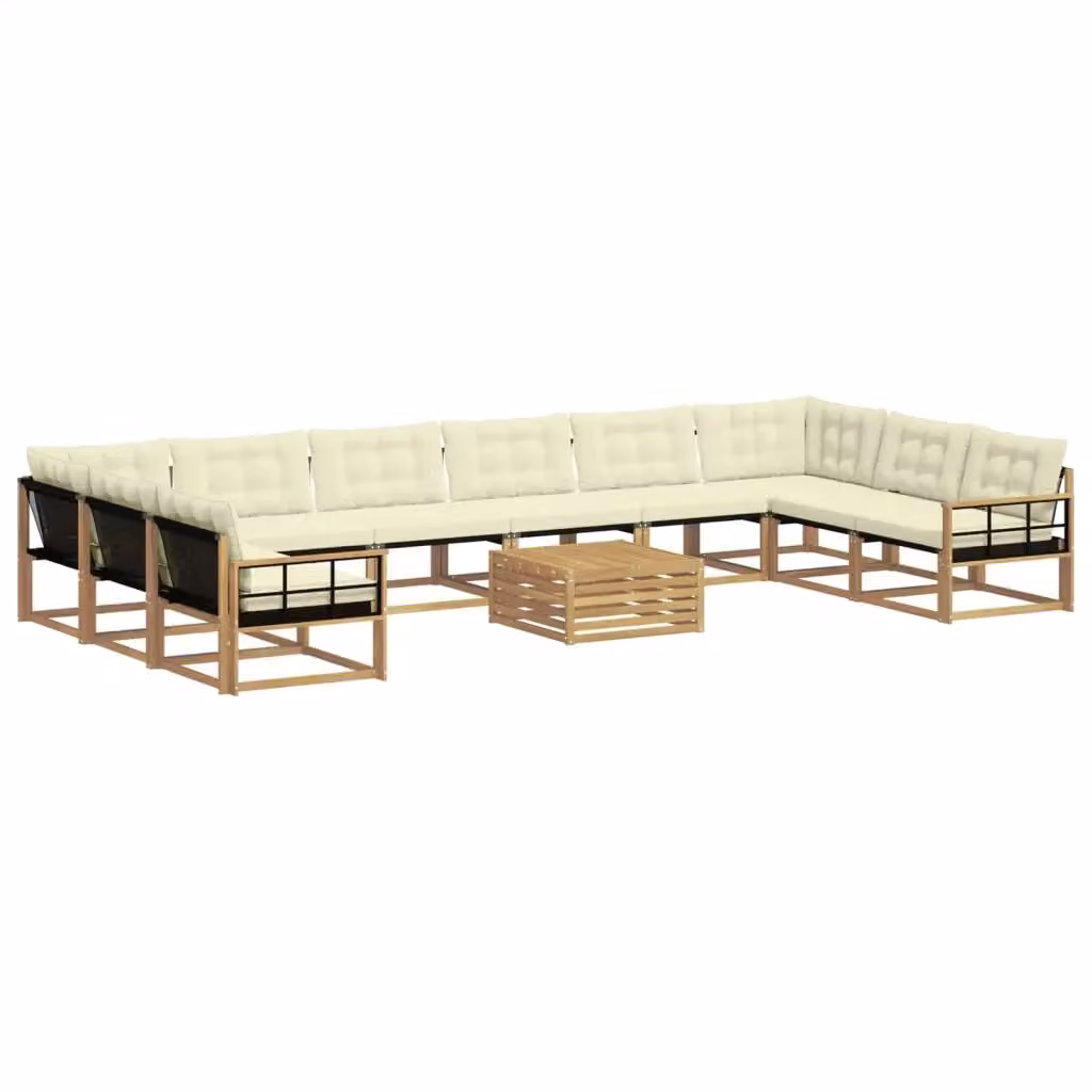 Set di divani da esterno a forma di U vidaXL in legno di acacia con tavolino da caffè e cuscini, Bianco e Beige – 2