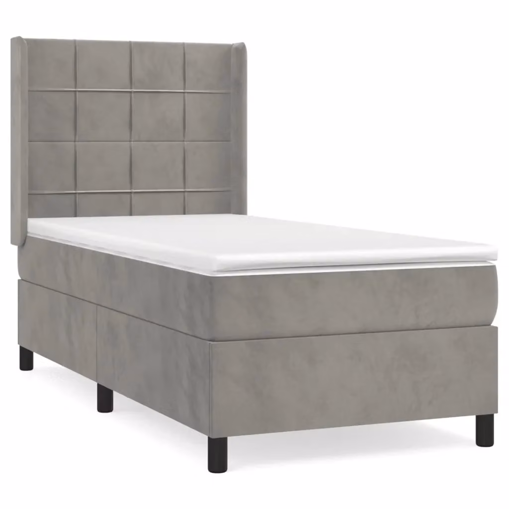 Letto con Giroletto a Molle e Materasso Ibrido vidaXL in Velluto Grigio e Bianco, Struttura in Legno di Larice, L/P/H: 90 x 200 cm – 2