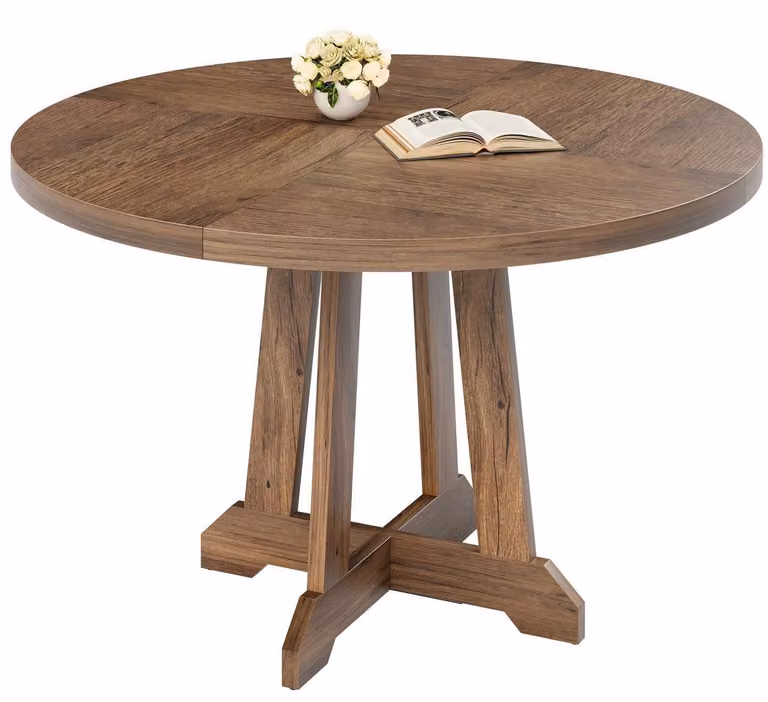 Tavolo da pranzo rotondo per 4-6 persone, struttura in legno, design industriale, finitura in noce "Golden Phoebe"