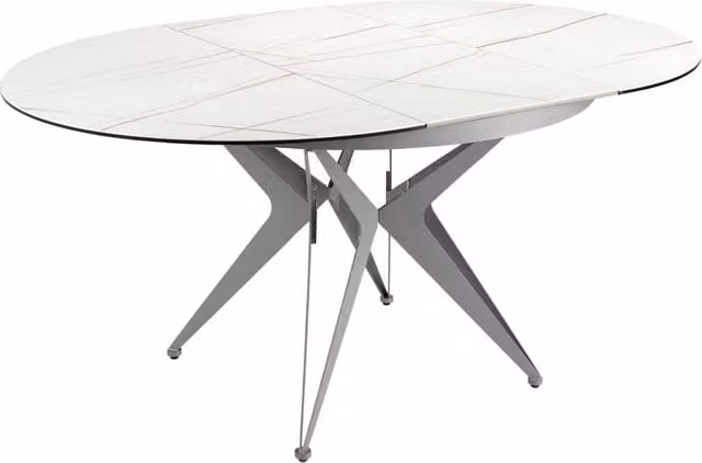Tavolo da pranzo rotondo allungabile Angel Cerdà in ceramica e metallo con base a X, finitura opaca, disponibile in bianco, marrone o grigio