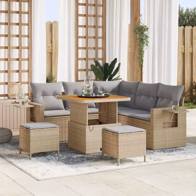 Set Divano da Giardino Moderno vidaXL a Forma a L con 9 Pezzi, Colore Grigio e Beige, Struttura in Acciaio Verniciato a Polvere e Cuscini Inclusi