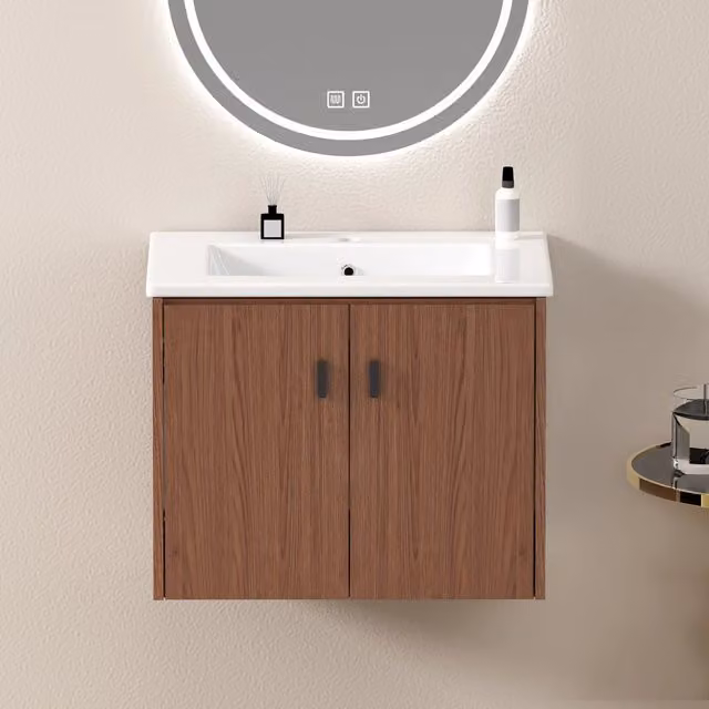 Mobile bagno sospeso con lavabo in ceramica, MDF bianco e vetro scanalato