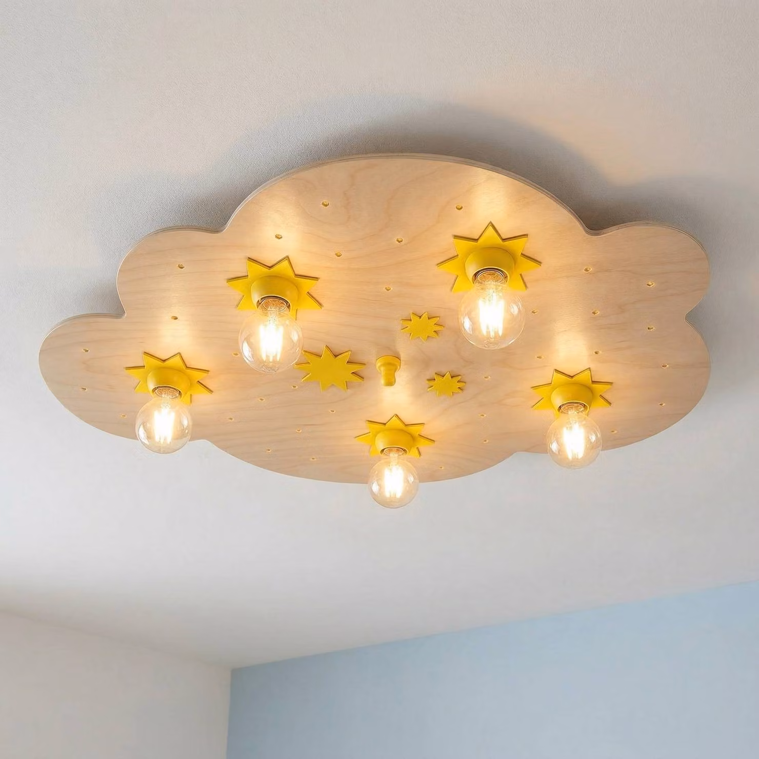 Elobra Plafoniera Sternenwolke, dimmerabile, Legno chiaro, Cameretta, Legno, Plafoniera