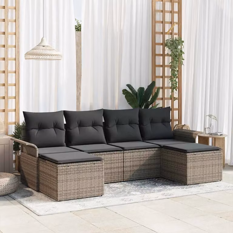 vidaXL Set Divano da Giardino a L con 6 Pezzi Grigio in Polyrattan e Acciaio con Cuscini e Tavolino