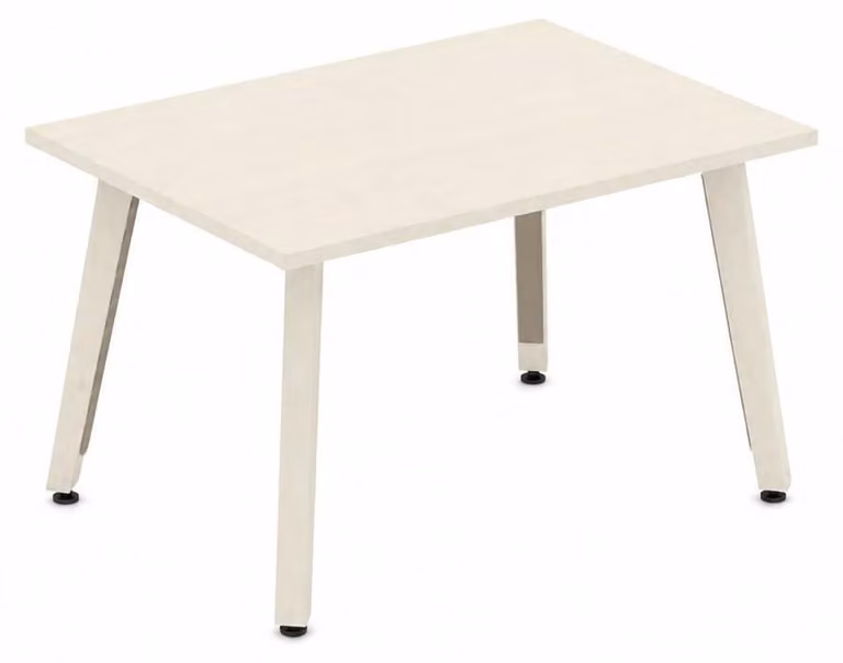 Un tavolo da pranzo moderno, rettangolare, in legno, di colore chiaro e dal design elegante