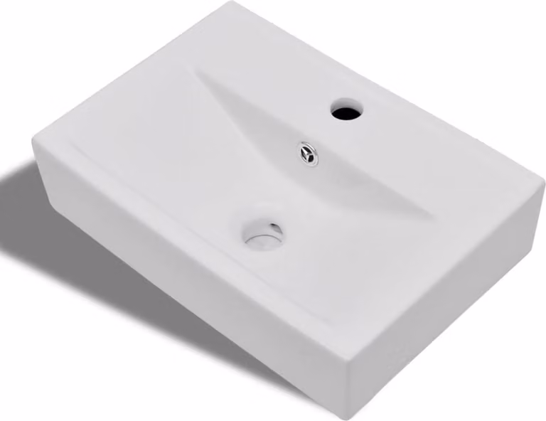 Lavabo in Vetroceramica rettangolare bianco, con foro per il rubinetto e tappo di scarico