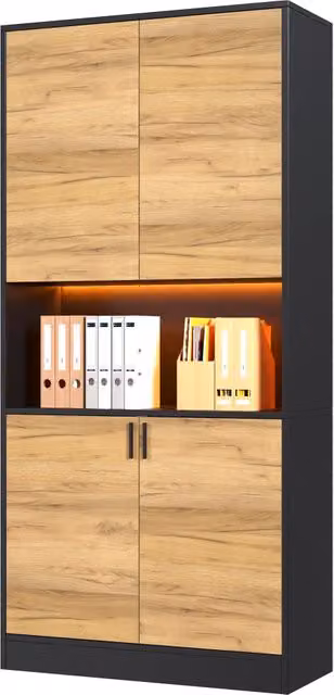 Armadio archivio con illuminazione LED in truciolato nero e rovere; ripiani regolabili; 80 x 35 x 180 cm