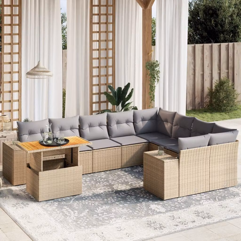 vidaXL Set Divano da Giardino 10 pz a Forma di L in Polyrattan con Cuscini Beige e Tavolino da Esterno – 1