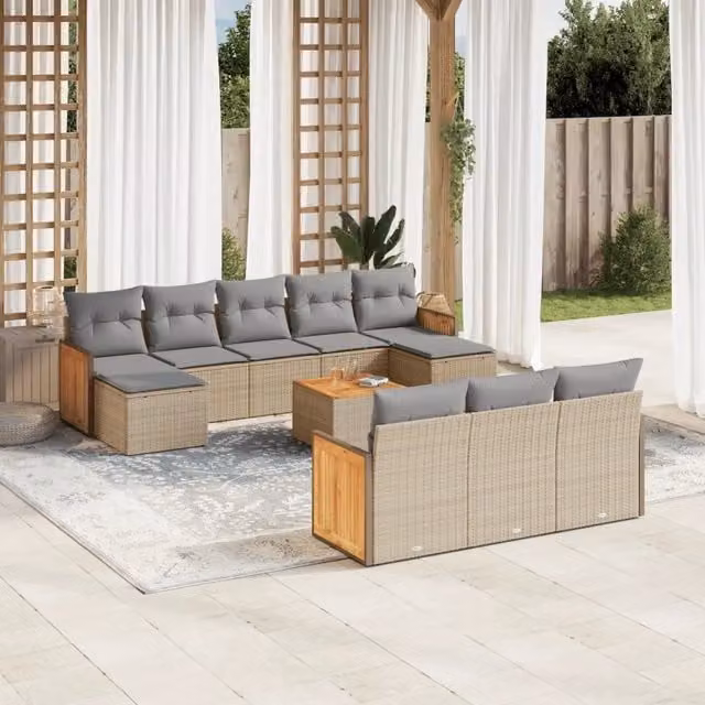 vidaXL Set Divani da Giardino 11 pz in Polyrattan con Cuscini Beige e Grigio per Terrazza e Giardino