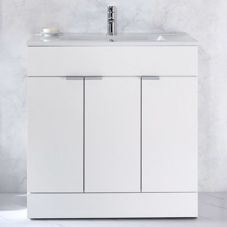 Mobile Bagno a Terra Bianco da 810mm con Lavabo e Maniglie con Impugnatura a Dito Cromate - Cluo