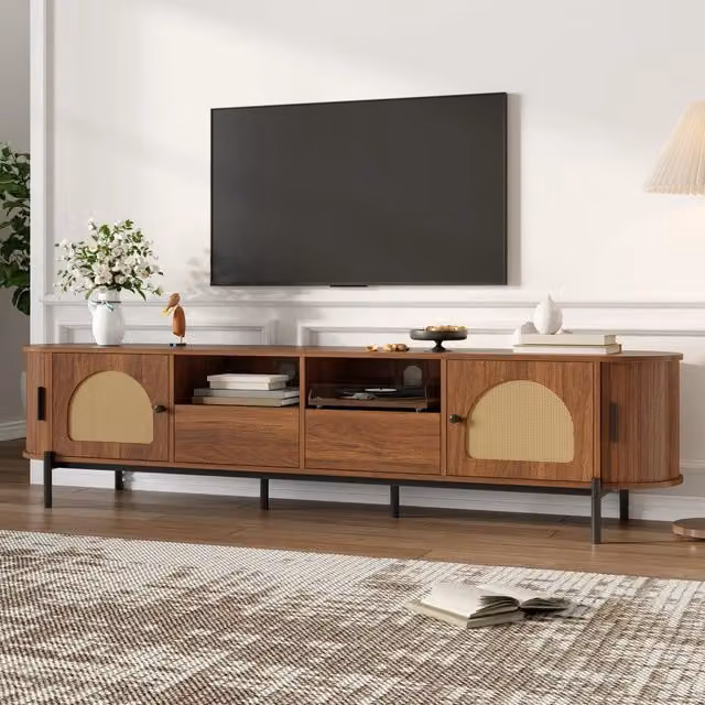 Mobile TV Mivray ovale con ante scorrevoli in rattan e gambe in metallo color noce L/P/H: 200 x 40 x 49.5 cm