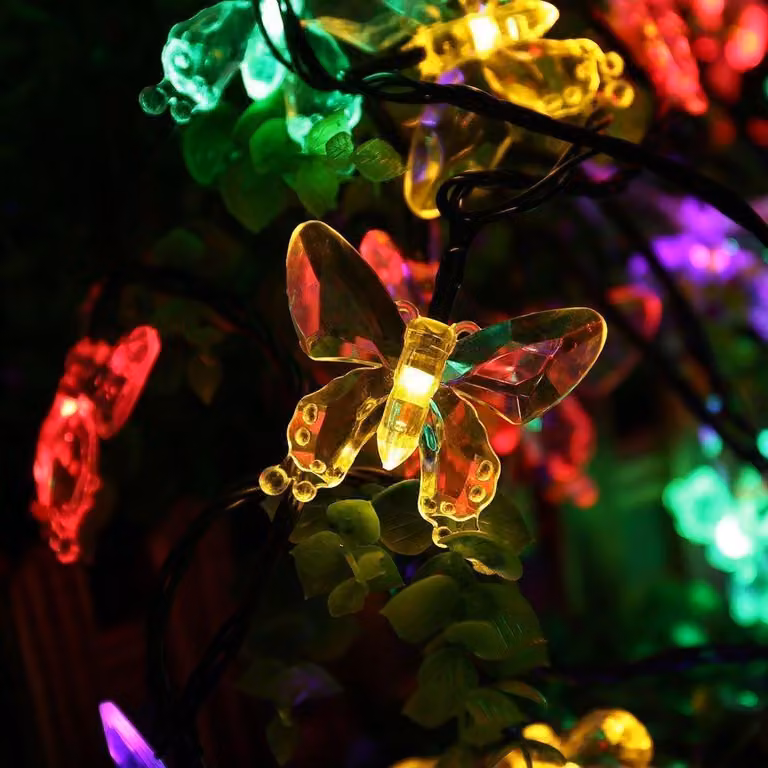 Catena luminosa a LED solare, motivo farfalle, 5 metri, multicolore, impermeabile