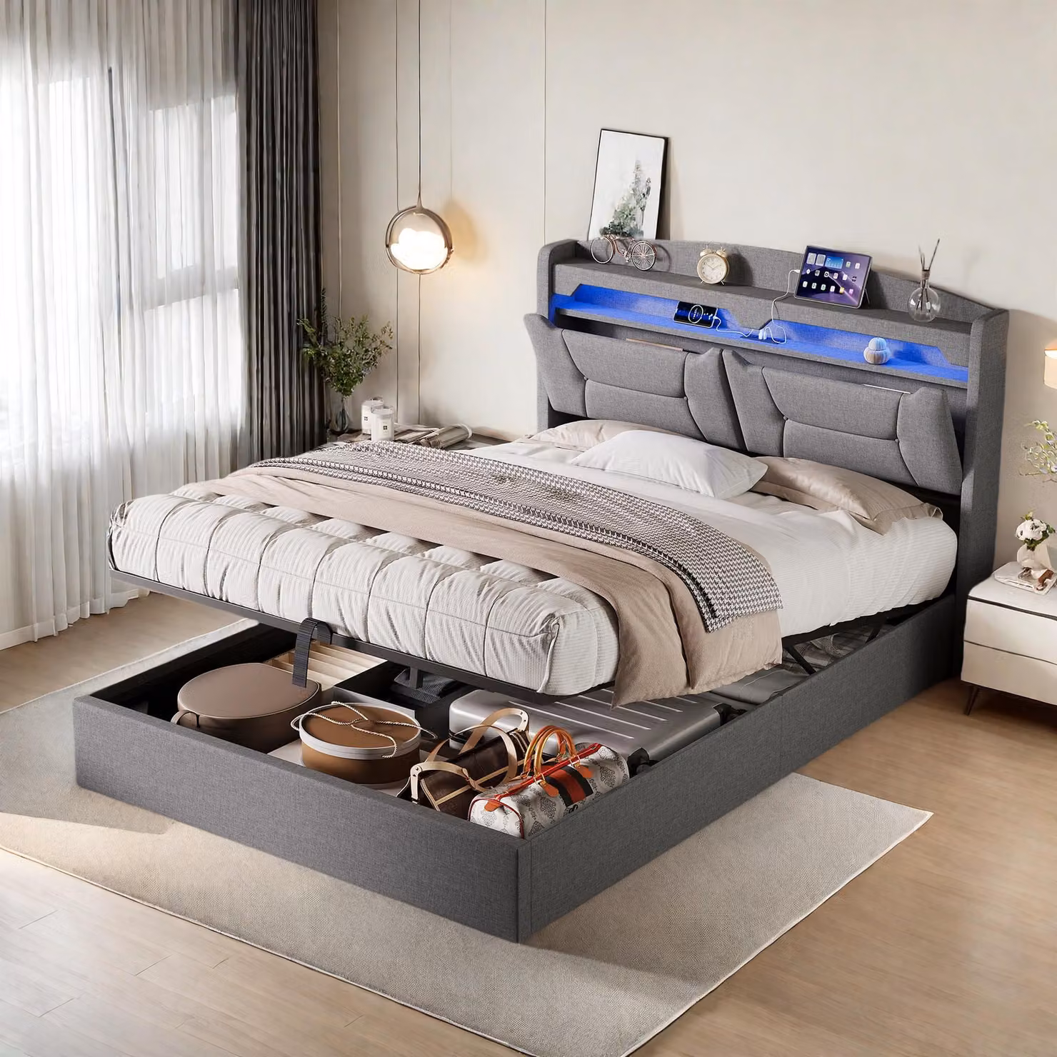 Letto idraulico ProximaX 140×200 cm in grigio chiaro - Tessuto di lino, testata a LED con USB e mensola, spazio di archiviazione sotto il letto - Per camere da letto moderne