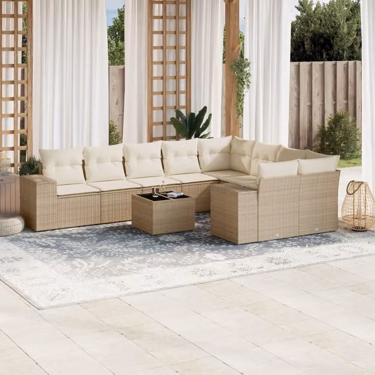 vidaXL Set Divano da Giardino 10 pz in Polyrattan con Cuscini Beige e Tavolino da Esterno