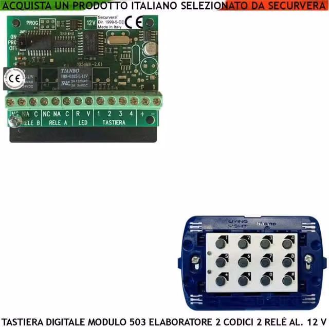 Tastiera da Incasso Elettronica Digitale Securvera per Modulo 503 con Kit Elaboratore Remoto, 2 Attivazioni Antifurto, Alimentazione 12 V, Codici DTMF a 6 Cifre, 2 Led e 2 Relè Programmabili, Grado di Protezione IP44