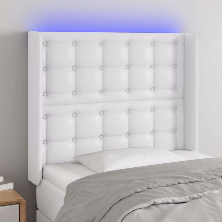 Testiera per letto vidaXL in similpelle bianca con illuminazione LED e porta di ricarica USB, L 93 cm, P 16 cm, H 118-128 cm