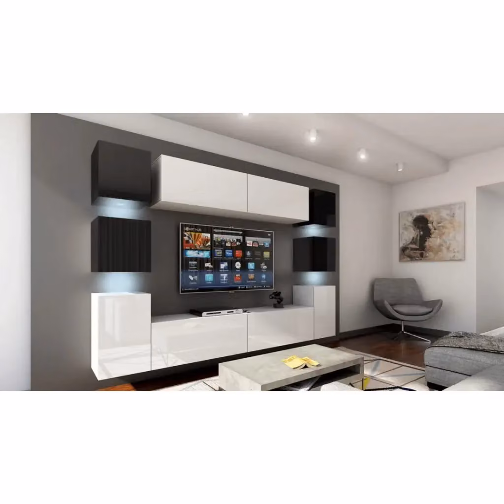 Set mobili da soggiorno sospesi Meublorama collezione CEPTO XIV bianco e nero con illuminazione LED, 10 pezzi, L: 256 cm – 2