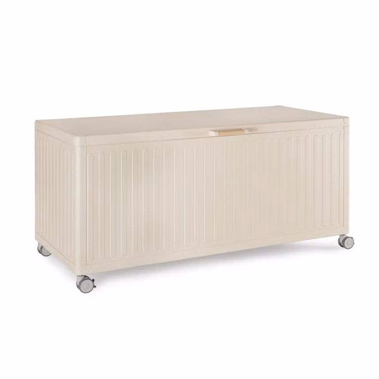 Baule da giardino BRAGA in alluminio beige, con ruote e maniglia effetto legno