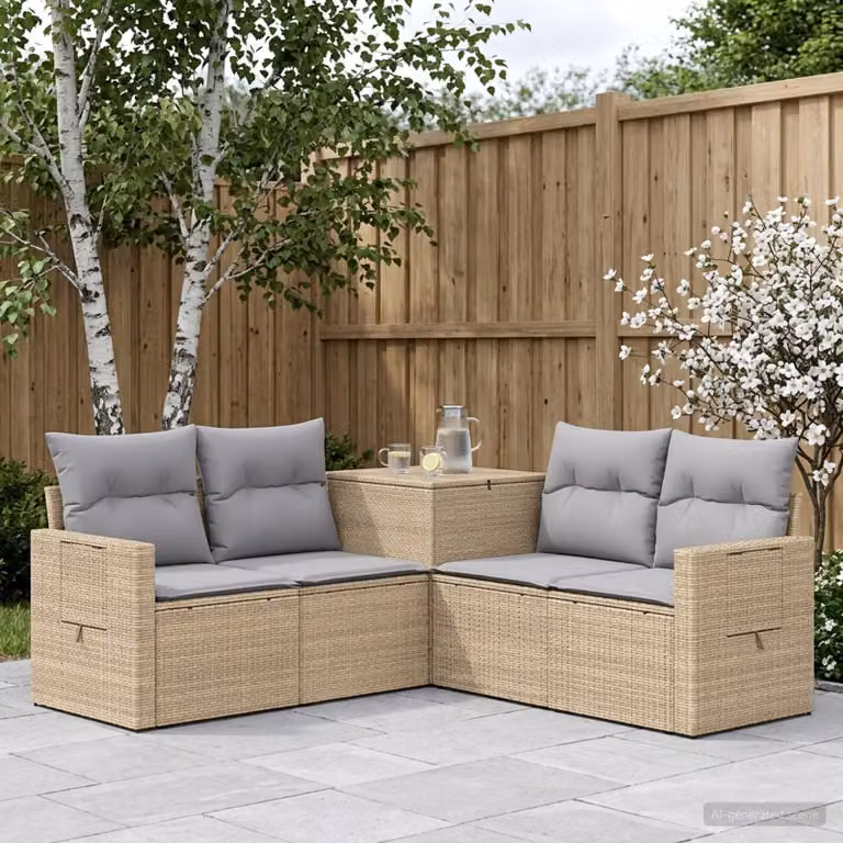 Set di divani da giardino vidaXL in polyrattan con pouf e cuscini, design moderno a L, Beige e Grigio