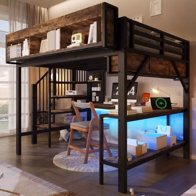Letto a soppalco WISHDOR in stile industriale con scrivania, illuminazione LED, prese USB e scala con gradini, colore marrone e nero, L/P/H: 200 x 140 x 255 cm