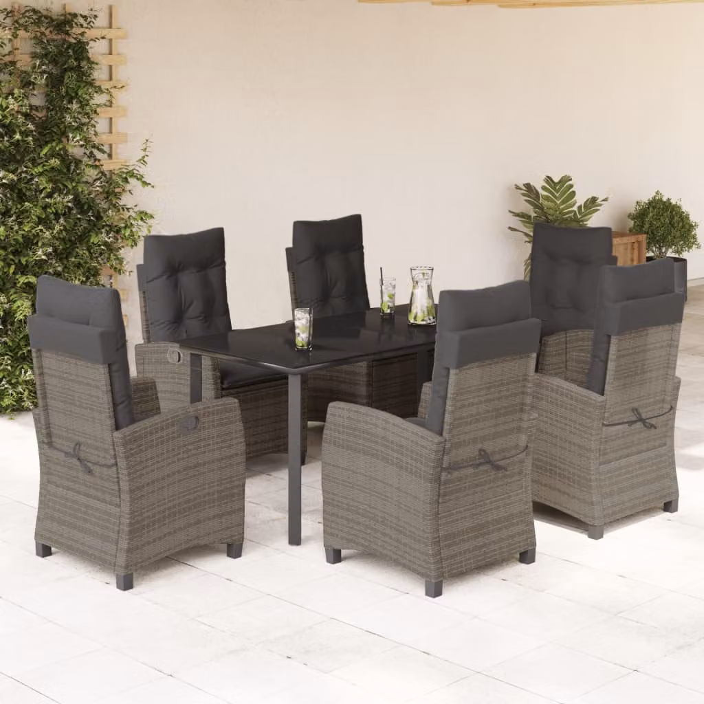 vidaXL Set da Pranzo da Giardino 7 pz in Polyrattan con Piano in Vetro Grigio e Nero