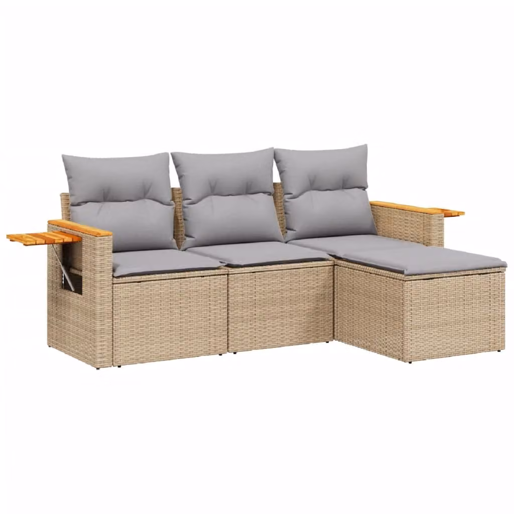 Set Divano da Giardino 4 pz con Cuscini Beige in Polyrattan