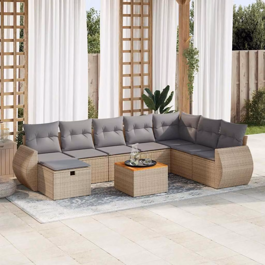 Set Divano da Giardino vidaXL 9 pz in Polyrattan con Cuscini Beige e Struttura in Legno di Acacia e Metallo