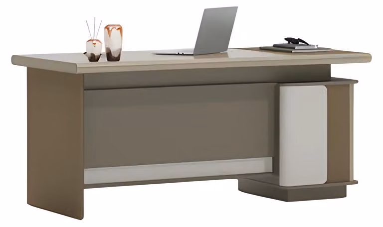 Schreibtisch Beige und Grau mit Schubladen und Ablage für Bürodesign und Ordnung