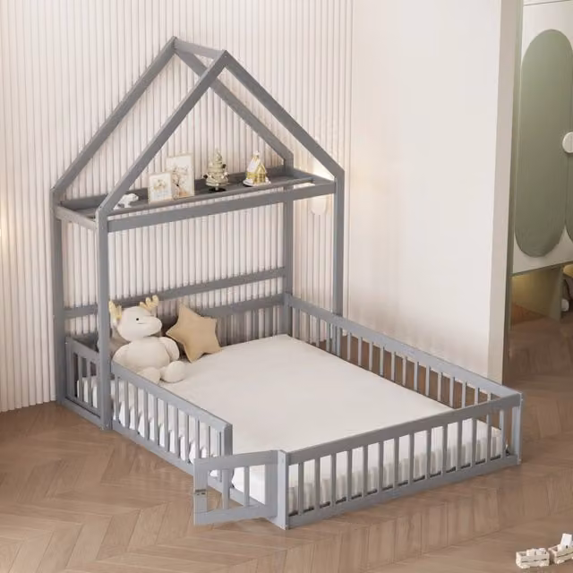 Letto per bambini in legno massello grigio 140x200 cm con tetto separabile, vani con ante, protezione totale e base a doghe