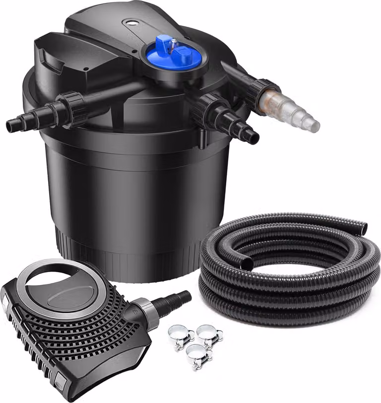Set completo SunSun: filtro a pressione per laghetti CPA-5000 fino a 8000 L con chiarificatore UV-C da 11 watt, pompa per laghetti NEO6000 SuperEco 6000l/h 40W, tubo per laghetti da 5 m 38 mm (1 1/2"), fascette stringitubo W1 44-47mm